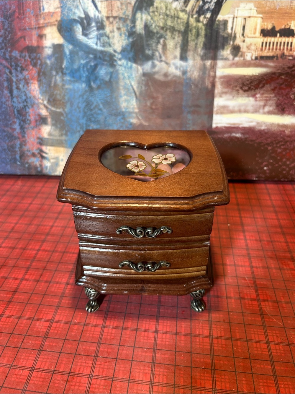Vtg MeLe Small Wood Claw Foot Jewelry Music Box Stain Glad  Flower Pretty Dainty